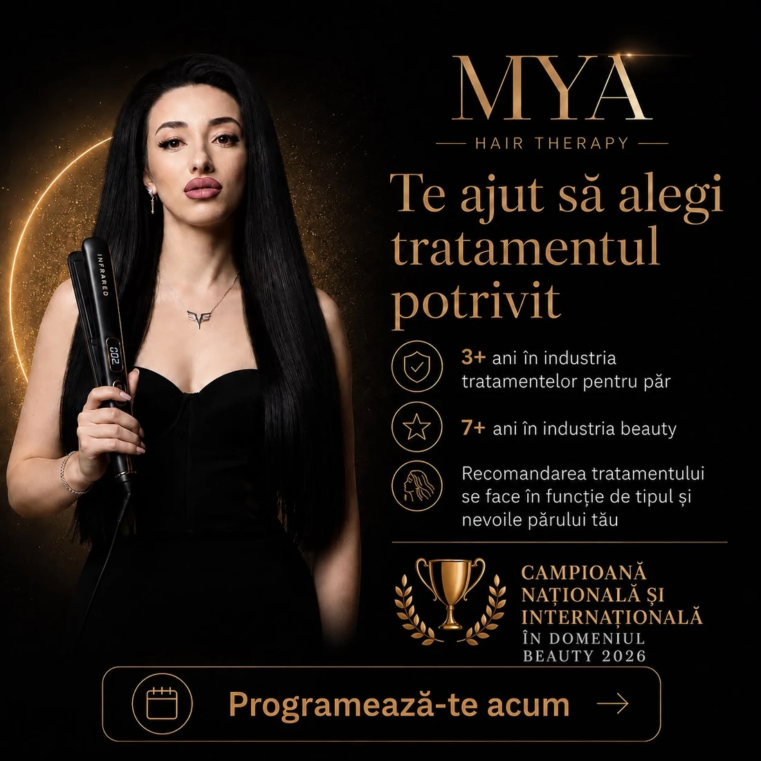 Mihaela — hairstylist și specialist tratamente păr, 3+ ani în tratamente de păr, 7+ ani în industria beauty, Campioană Națională și Internațională în domeniul înfrumusețării 2026, Mya Hair Therapy Galați