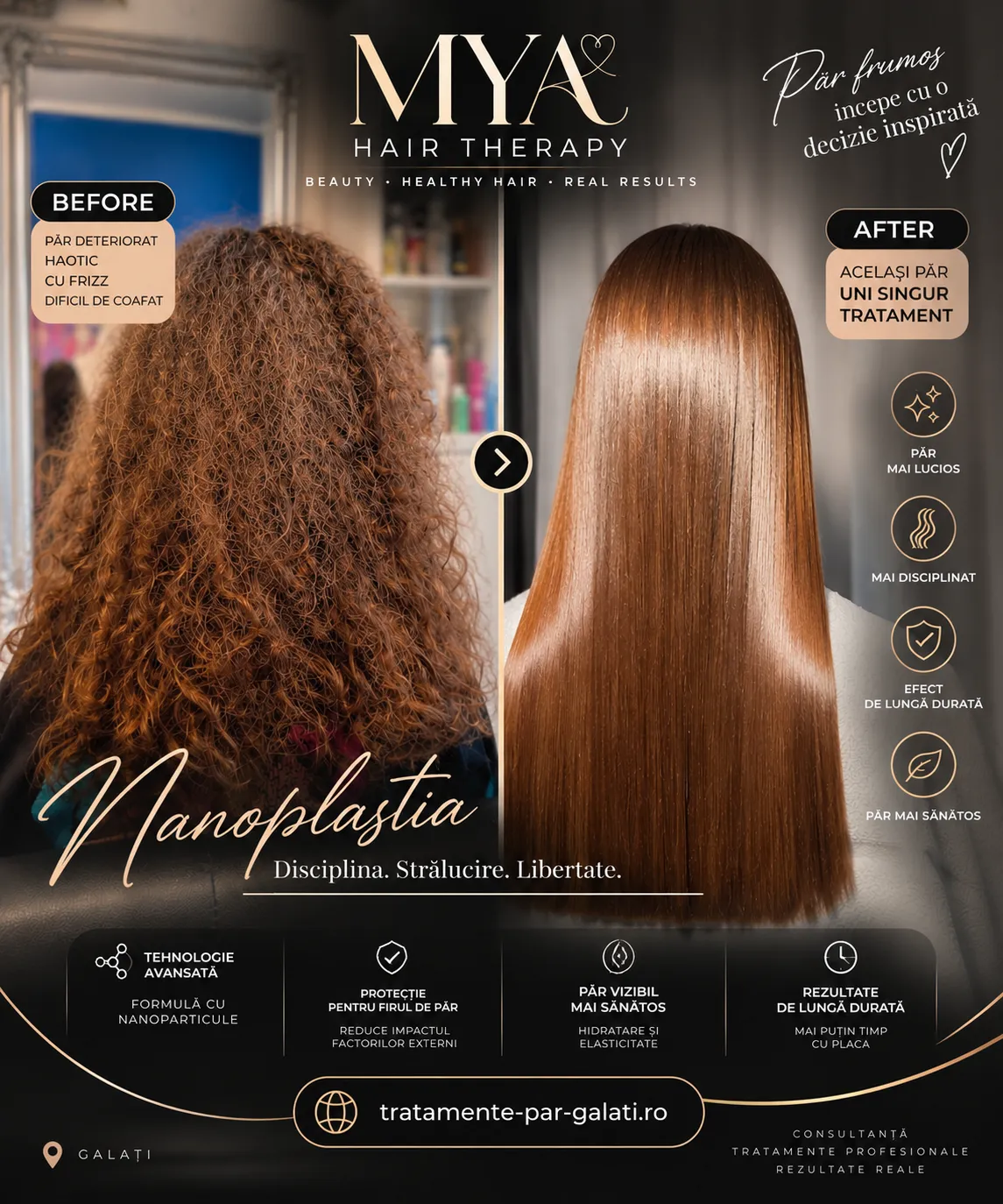 Nanoplastia la Mya Beauty Galați — before/after, păr mai lucios, disciplinat și sănătos